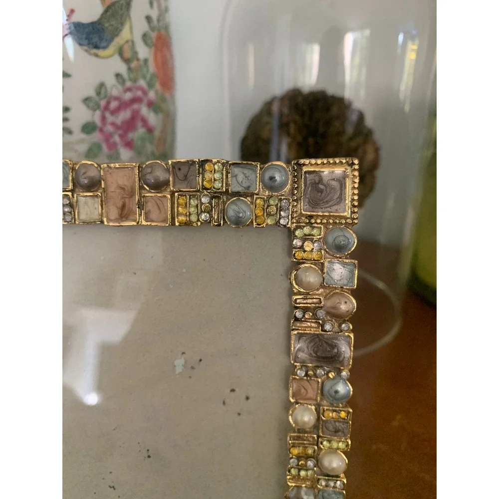 Gold Mosaic Enamel Rhinestone Faux Pearl 4x6 Picture Frame Art Deco Style